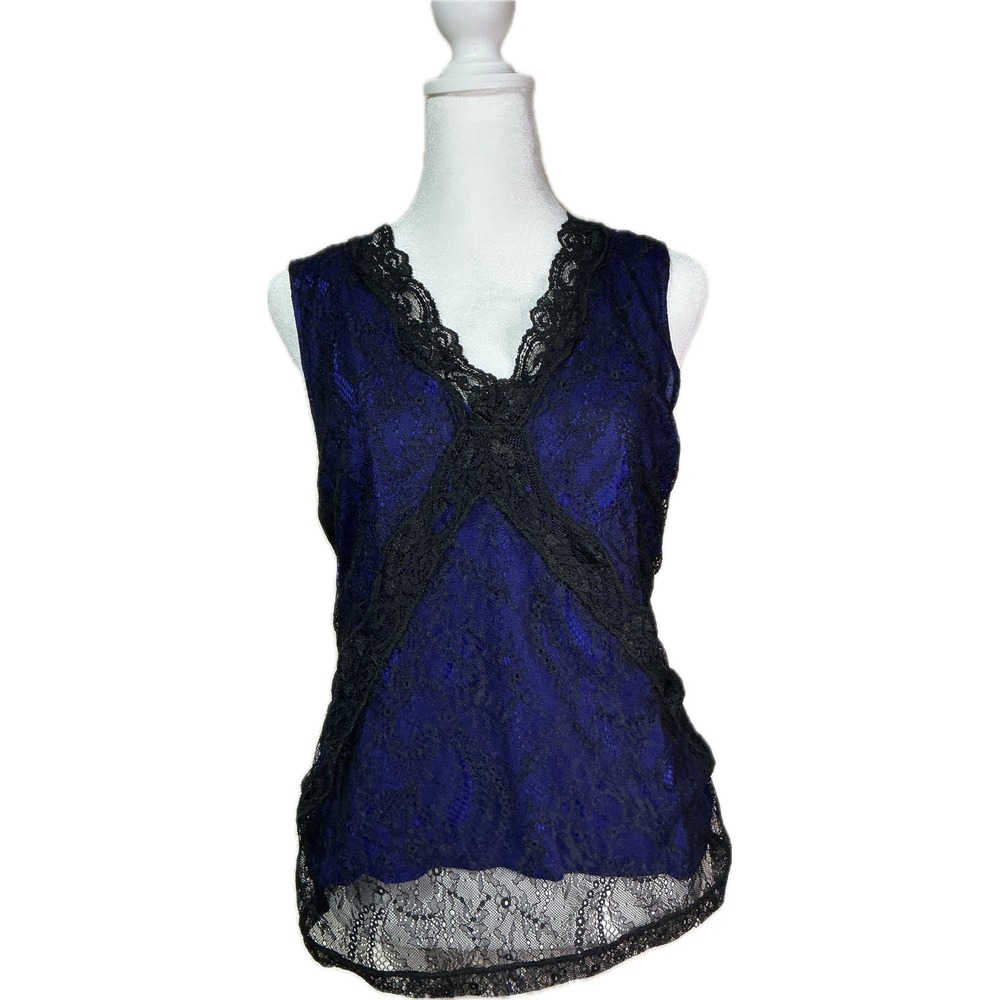 Y2K whimsigoth Royal Blue Black Floral Lace V-Neck Sleeveless Large Feminine